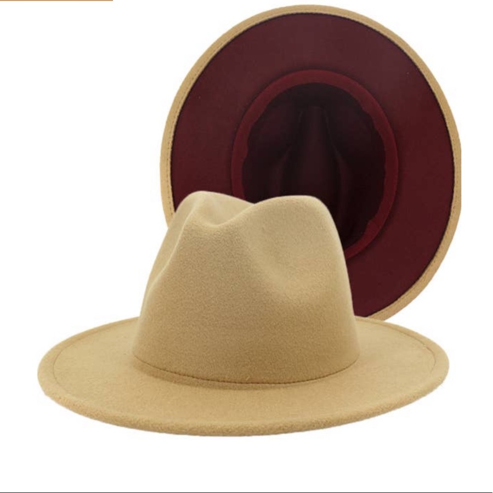 BLAIR TAN JAZZ HAT WITH DEEP WINE UNDER BRIM